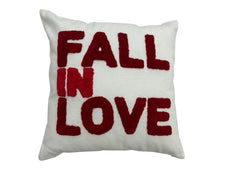 FALL IN LOVE" Tufted Cushion - 18x18 Inches | Soft Cotton Slub Pillow with Gradient Red Text | Cozy Decorative Throw Pillow for Living Room, Bedroom & Valentine's Day