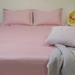 Ecrue Luxurious Cotton Satin Woven Stripe Bed Sheet 108x108'' With 2 Pillow Case 18x28''