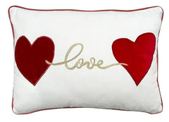 "Luxury Velvet Patch Embroidered Pillow | 14x20'' | 100% Cotton Canvas | Hand-Embroidered with Red Velvet Hearts | Non-Woven Filler | Valentine Cushion