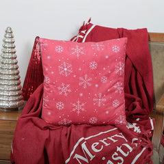 Snowflake Print with Embroidery Red Velvet Cushion - 16x16 Inches, Festive Holiday Decor
