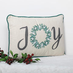 Joy" Embroidered Cushion with Green Cord Piping (12x18") – A Festive Touch for Your Home