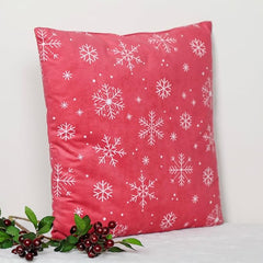 Snowflake Print with Embroidery Red Velvet Cushion - 16x16 Inches, Festive Holiday Decor