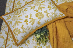 Ecrue Cotton Single-Sided Slub Floral Land Printed Bed Sheet 105x105'' with Pillow Case 17x27''