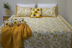 Ecrue Cotton Single-Sided Slub Floral Land Printed Bed Sheet 105x105'' with Pillow Case 17x27''