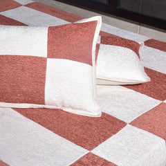 Elegant Chenille & Cotton Woven Bed Sheet Set - Cream & Terracotta Checkerboard Design | Luxurious Textured Bedding for a Stylish Bedroom