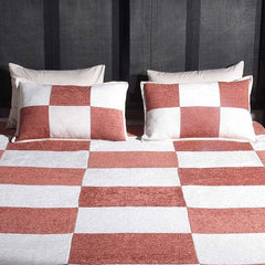 Elegant Chenille & Cotton Woven Bed Sheet Set - Cream & Terracotta Checkerboard Design | Luxurious Textured Bedding for a Stylish Bedroom