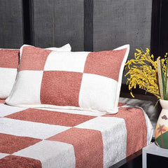Elegant Chenille & Cotton Woven Bed Sheet Set - Cream & Terracotta Checkerboard Design | Luxurious Textured Bedding for a Stylish Bedroom