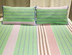 Ecrue 100% Pure Cotton Striped Textured Bed Sheet Set – Green, 94 x 100 Inches, 1 Flat Bed Sheet & 2 Pillow Covers