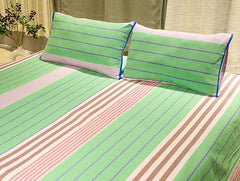 Ecrue 100% Pure Cotton Striped Textured Bed Sheet Set – Green, 94 x 100 Inches, 1 Flat Bed Sheet & 2 Pillow Covers