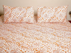 Ecrue Luxury Pure Organic Cotton Seersucker Floral Printed Bed Sheet Set - 110x110 inches, Orange Floral Design