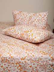 Ecrue Luxury Pure Organic Cotton Seersucker Floral Printed Bed Sheet Set - 110x110 inches, Orange Floral Design