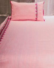Ecrue Embroidered Yarn-Dyed Chambray Bed Cover Set – 90x95" with Satin Piping & 17x27" Pillowcases