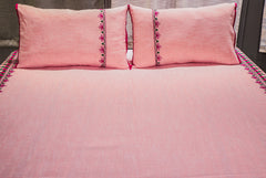 Ecrue Embroidered Yarn-Dyed Chambray Bed Cover Set – 90x95" with Satin Piping & 17x27" Pillowcases