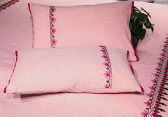 Ecrue Embroidered Yarn-Dyed Chambray Bed Cover Set – 90x95" with Satin Piping & 17x27" Pillowcases