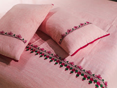 Ecrue Embroidered Yarn-Dyed Chambray Bed Cover Set – 90x95" with Satin Piping & 17x27" Pillowcases