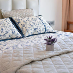 Ecrue Yarn Dyed Woven Linen Blend Stripe Diamond Quilted Quilt Set – Soft Textured Bedding with Blue Floral Shams, 150gsm Poly Wadding Fill, Machine Quilted for Elegant Comfort (92x100 Inches Quilt, 20x26 Inches Pillow Case