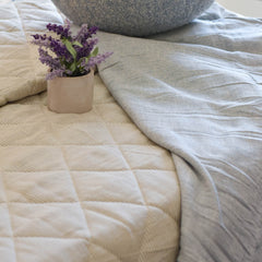 Ecrue Yarn Dyed Woven Linen Blend Stripe Diamond Quilted Quilt Set – Soft Textured Bedding with Blue Floral Shams, 150gsm Poly Wadding Fill, Machine Quilted for Elegant Comfort (92x100 Inches Quilt, 20x26 Inches Pillow Case