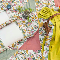 Ecrue " Organic Textured Cotton Printed Patchwork Bed Cover 92x96'' with Pillow Case 17x27