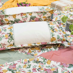 Ecrue " Organic Textured Cotton Printed Patchwork Bed Cover 92x96'' with Pillow Case 17x27