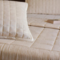 Ecrue Yarn Dyed Woven Linen Blend Stripe Box Quilted Bedding Set – Natural Off-White Quilt with Rustic Frayed Edge Shams, 150gsm Poly Wadding Fill, Machine Quilted for Comfort & Style (92x96 Inches Quilt, 20x26 Inches Pillow case)