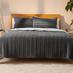 Ecrue Premium Grey Cotton Velvet Vertical Quilted Quilt Set 92x96''