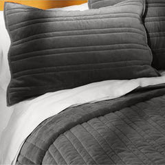 Ecrue Premium Grey Cotton Velvet Vertical Quilted Quilt Set 92x96''