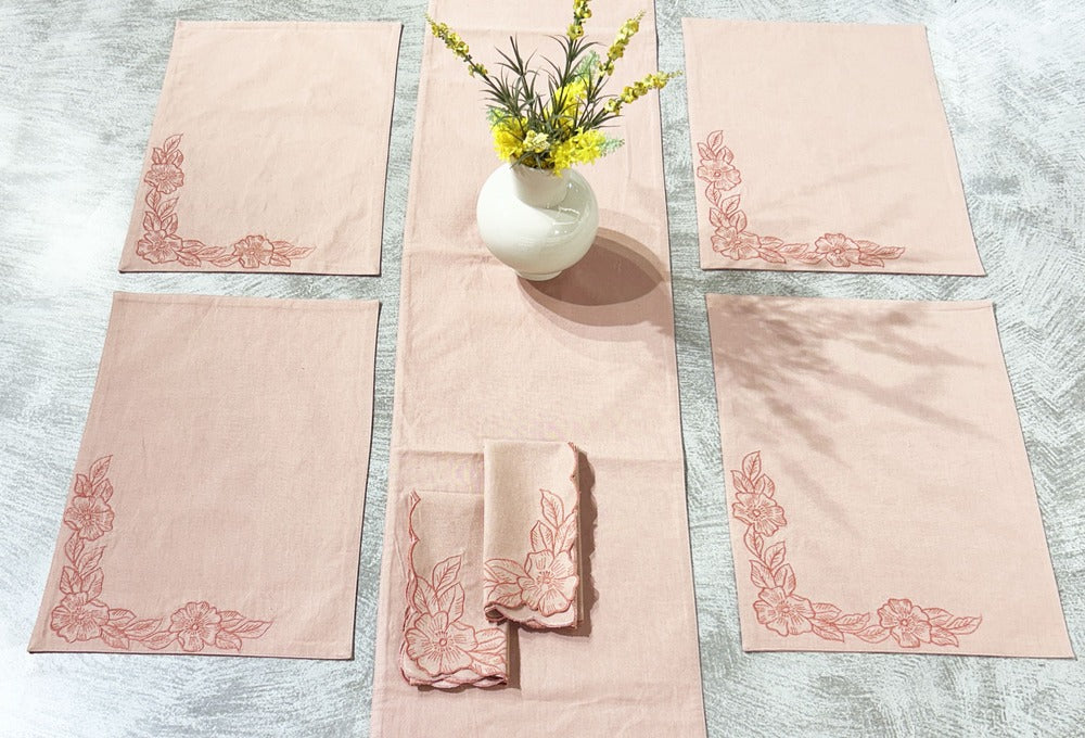 EcruE Luxury Embroidered Cotton Linen Table Linen Set