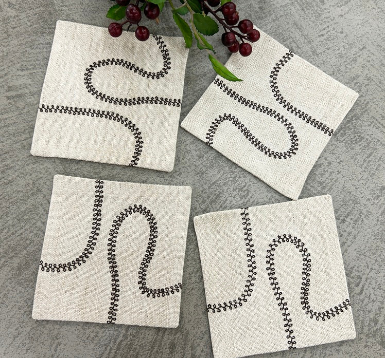 Sinuous Chainstitch Cotton-Linen Embroidered Coaster Set Pack of 4 pieces