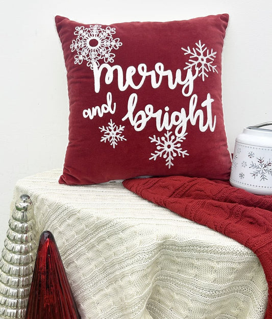 "Merry & Bright" Holiday Embroidered Throw Pillow 18x18''