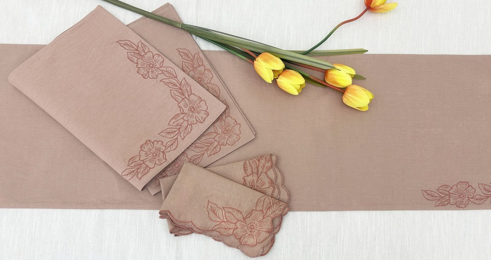 EcruE Luxury Embroidered Cotton Linen Table Linen Set