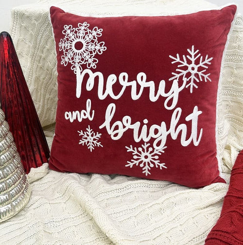"Merry & Bright" Holiday Embroidered Throw Pillow 18x18''