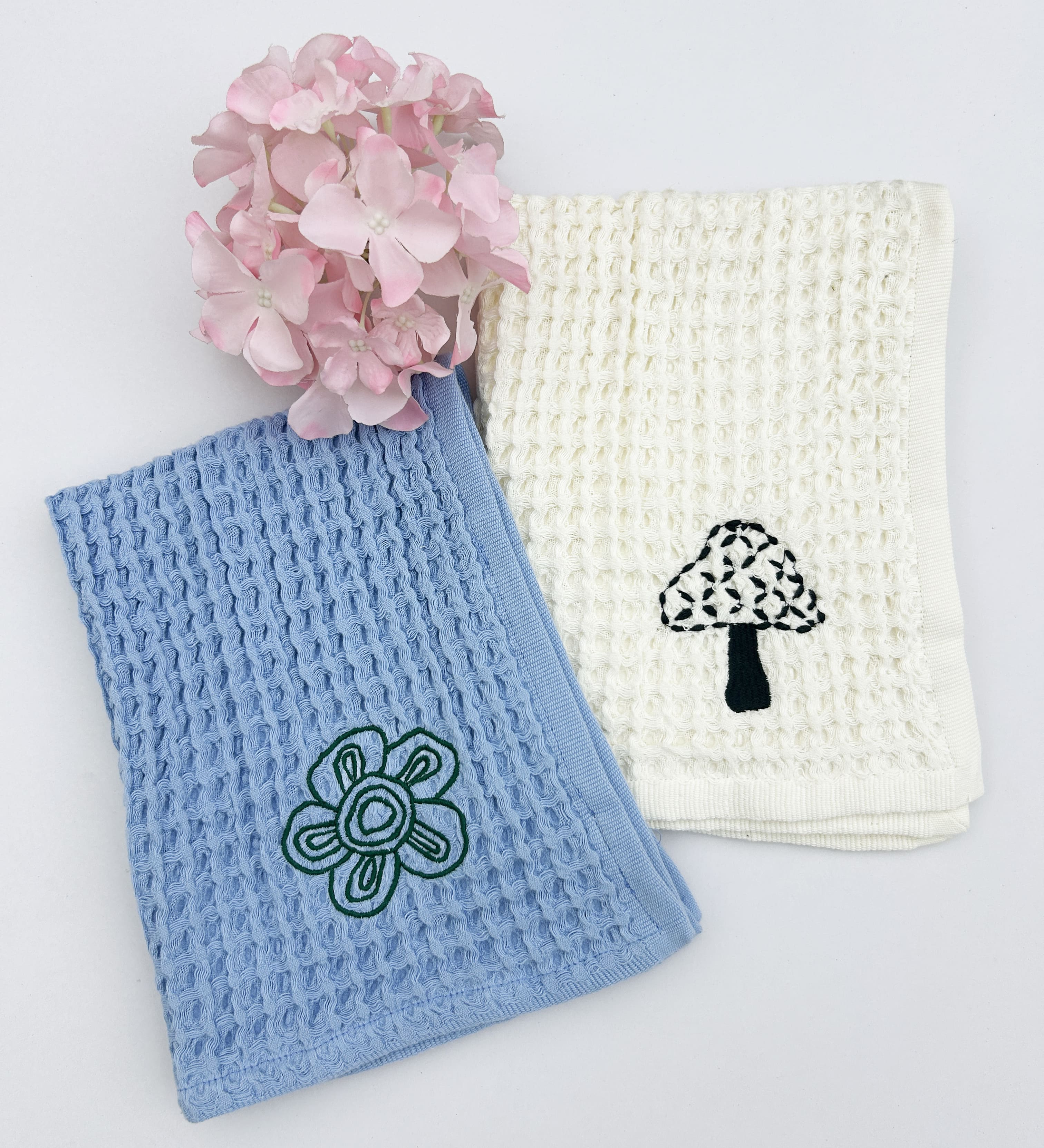 EcruE Luxury Waffle Embroidered Dish Towel Set of 02 Pieces