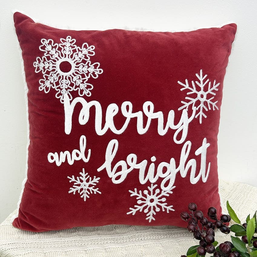 "Merry & Bright" Holiday Embroidered Throw Pillow 18x18''