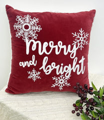 "Merry & Bright" Holiday Embroidered Throw Pillow 18x18''