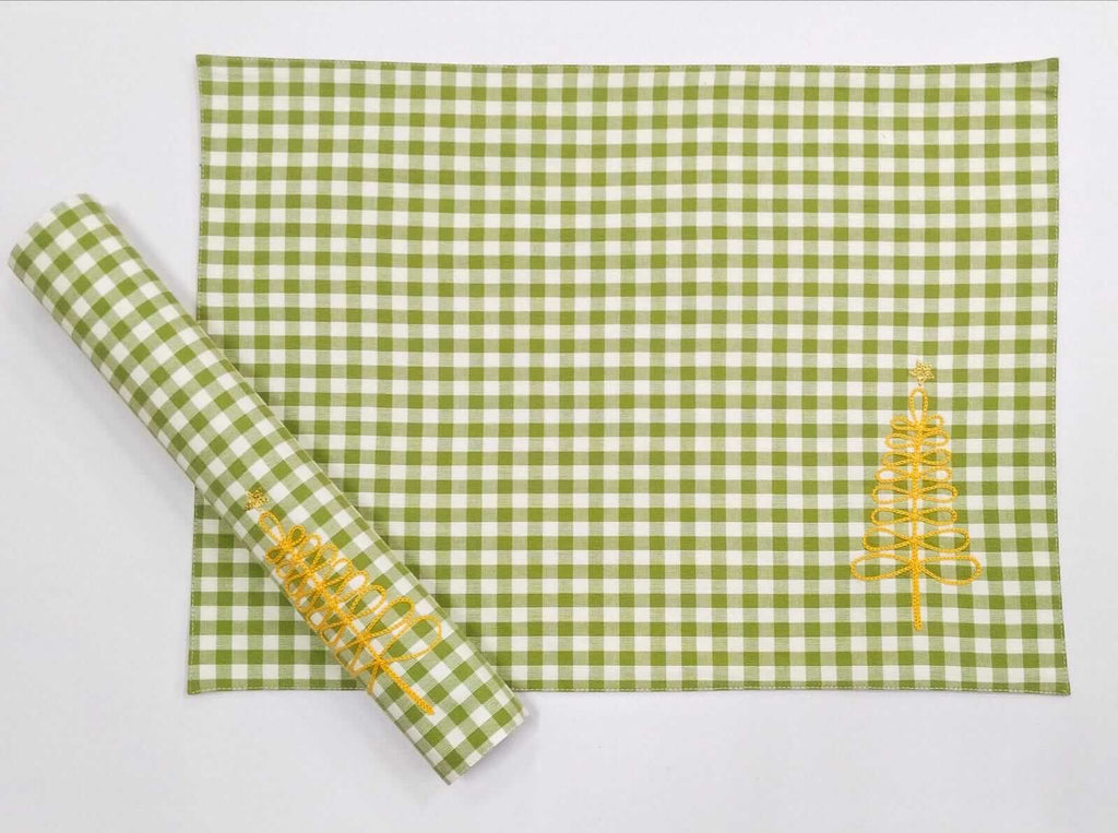 Festive Green Gingham Embroidered Placemat Set Of 2Pcs