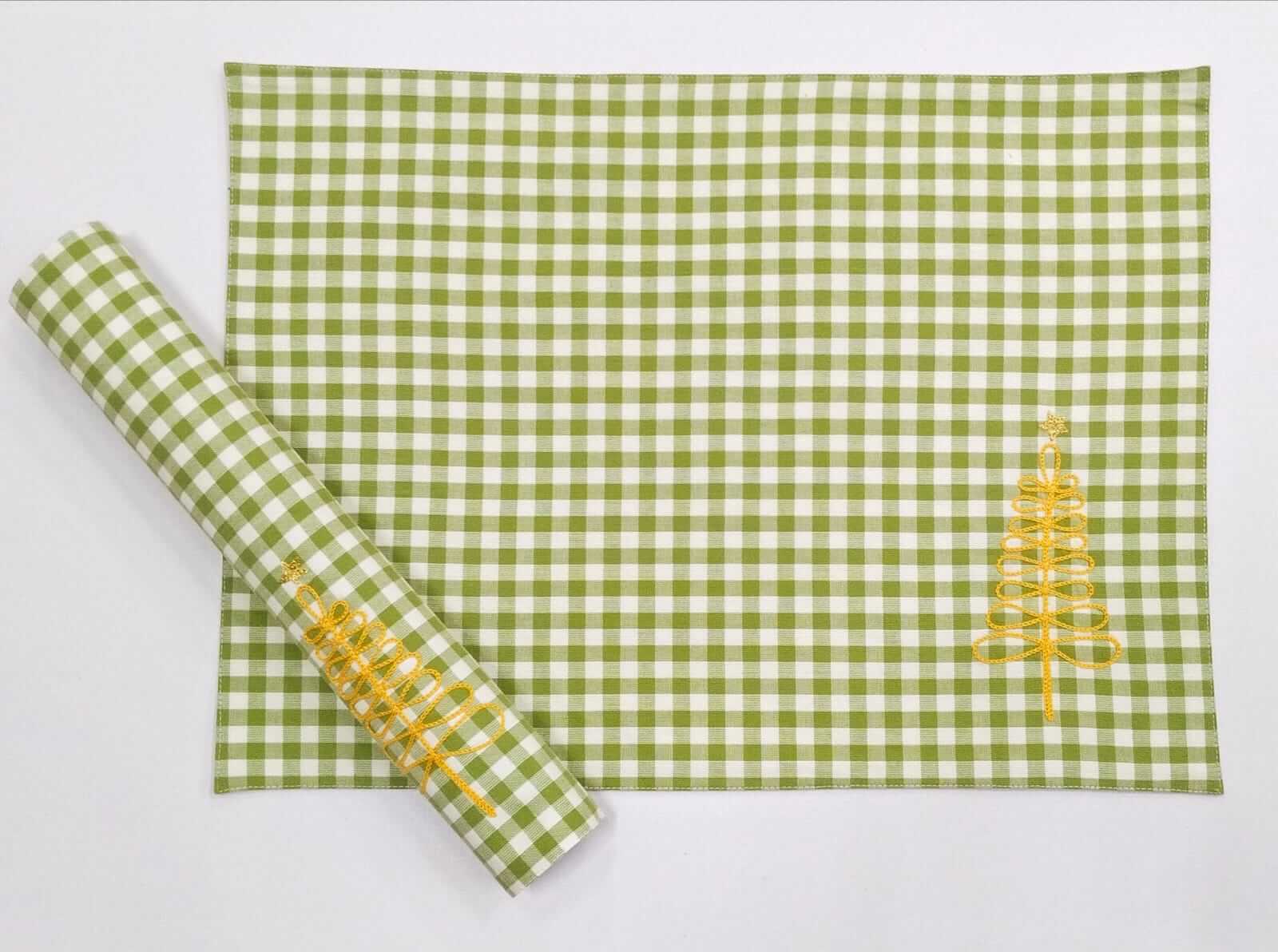 Festive Green Gingham Embroidered Placemat Set Of 2Pcs