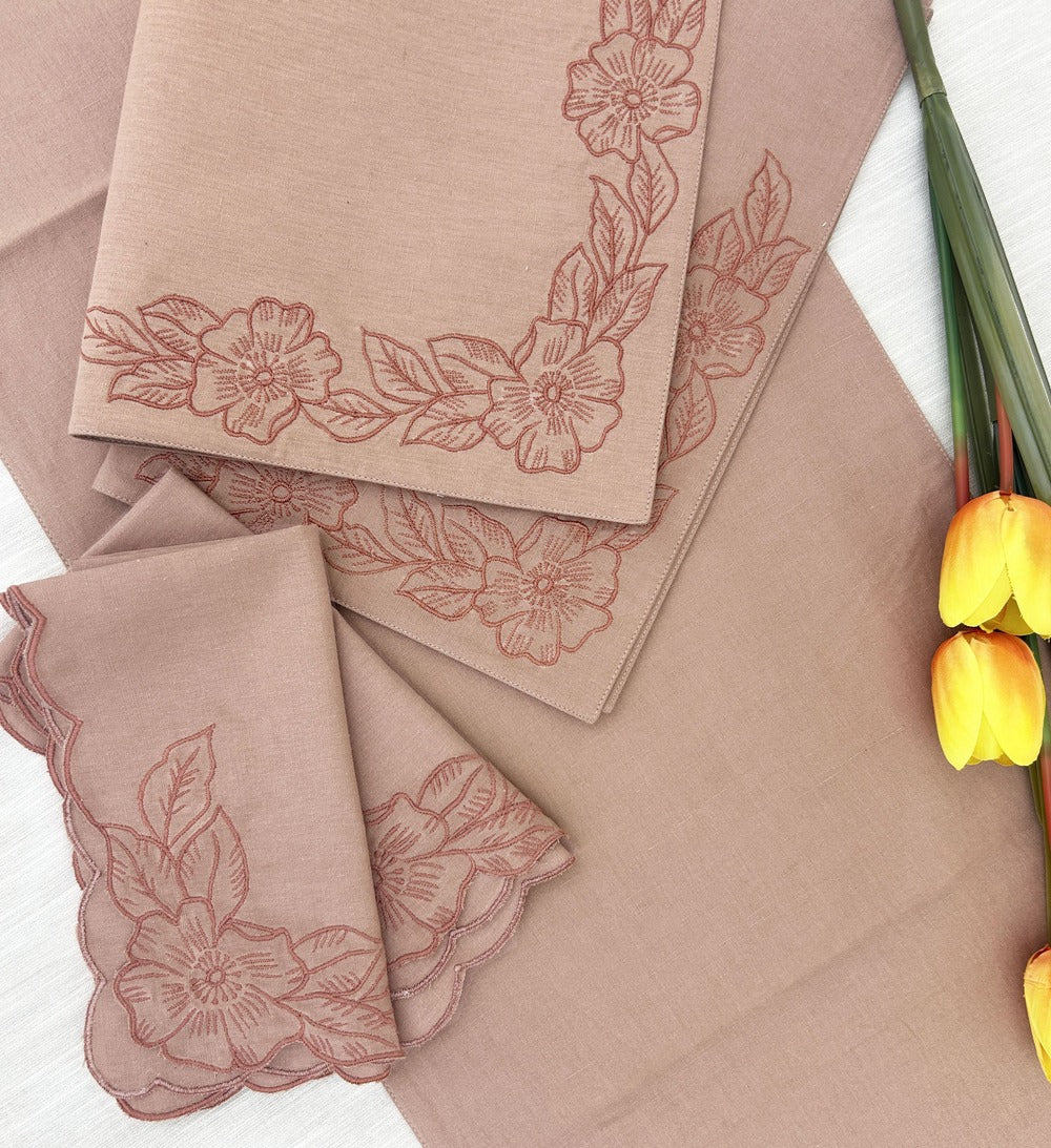 EcruE Luxury Embroidered Cotton Linen Table Linen Set