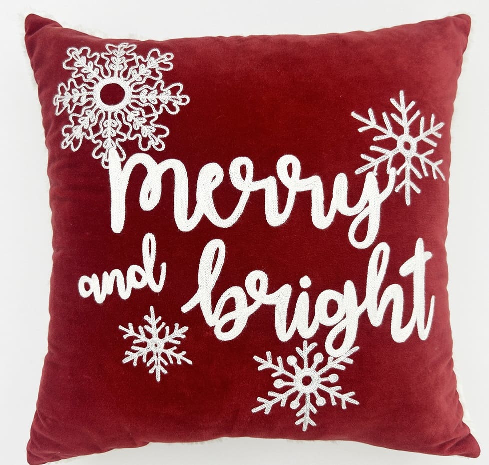 "Merry & Bright" Holiday Embroidered Throw Pillow 18x18''