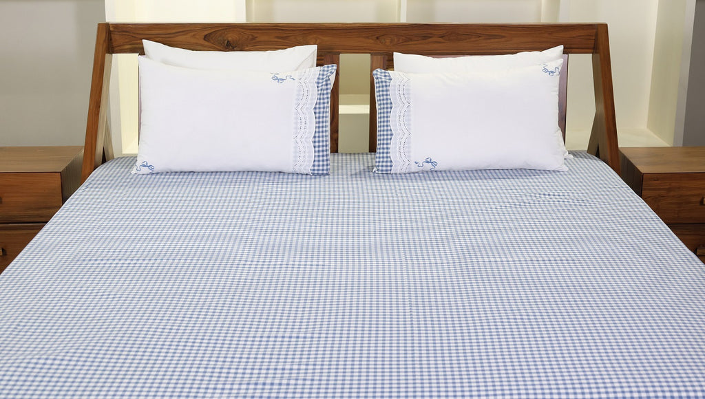 Charming Gingham Check Embroidered Lace Bed Sheet Set