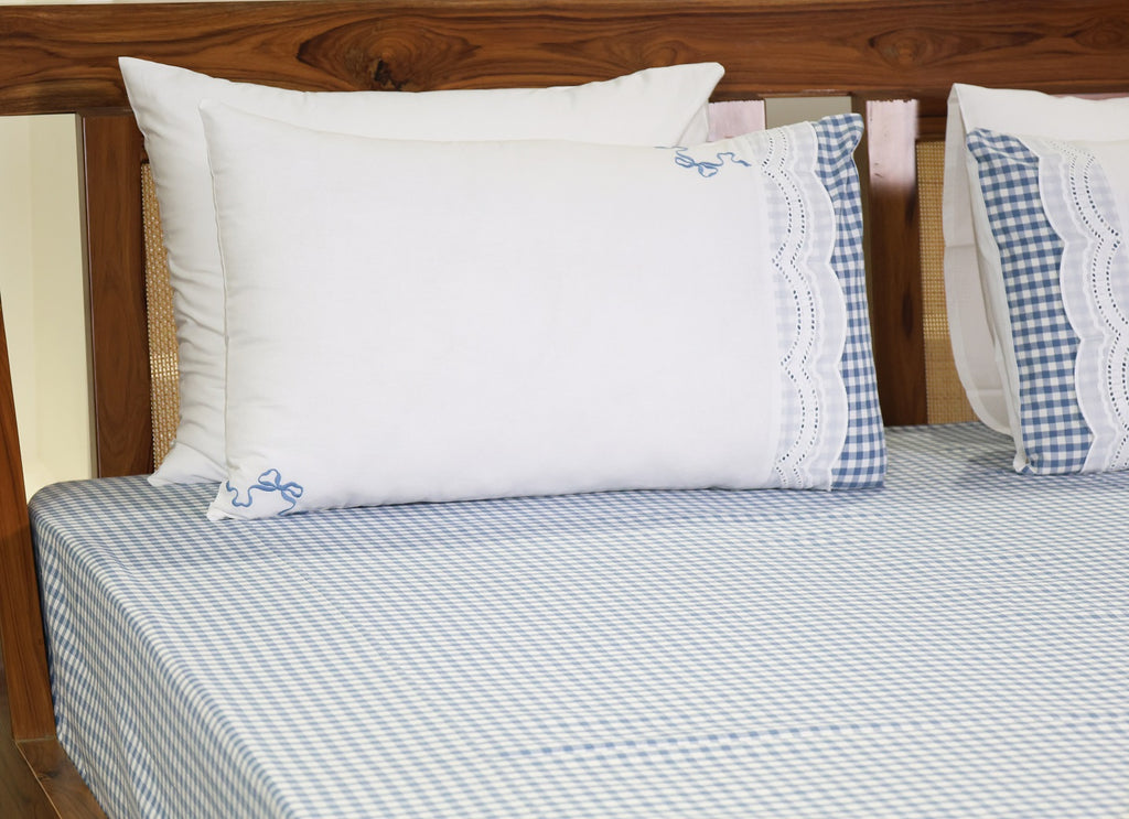 Charming Gingham Check Embroidered Lace Bed Sheet Set