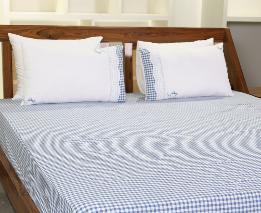 Charming Gingham Check Embroidered Lace Bed Sheet Set