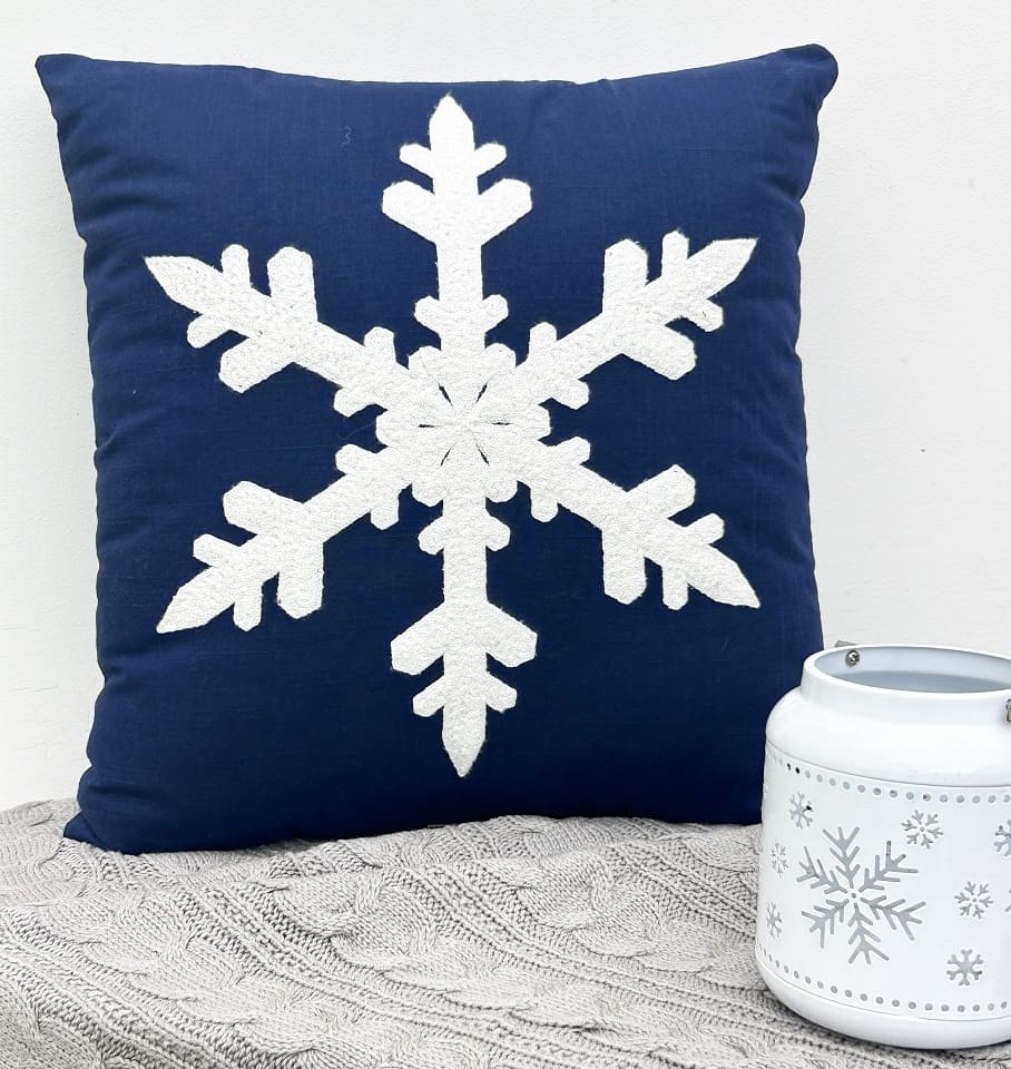Navy Blue Embroidered Snowflake Throw Pillow