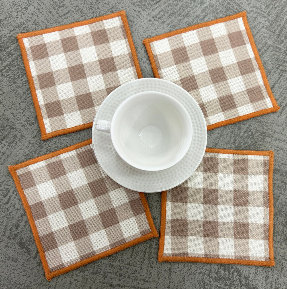 Chestnut Check Linen-Look Slub Coaster Set  Pack of 4 pieces