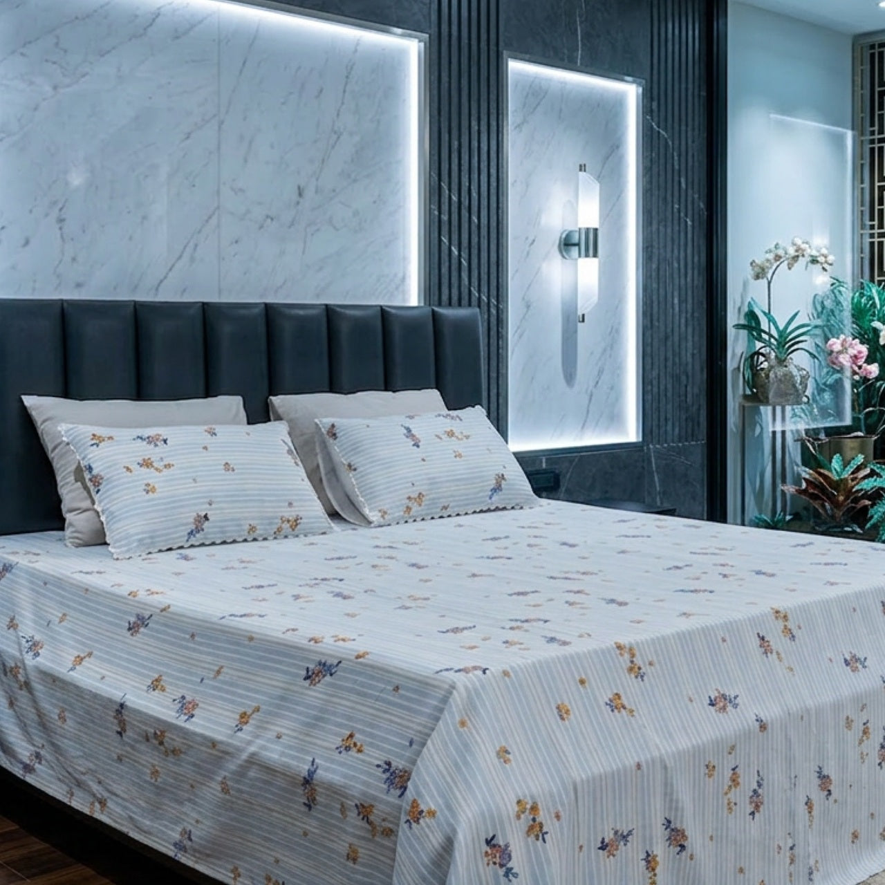 Premium Striped Floral Printed Cotton-Poly Bed Sheet Set