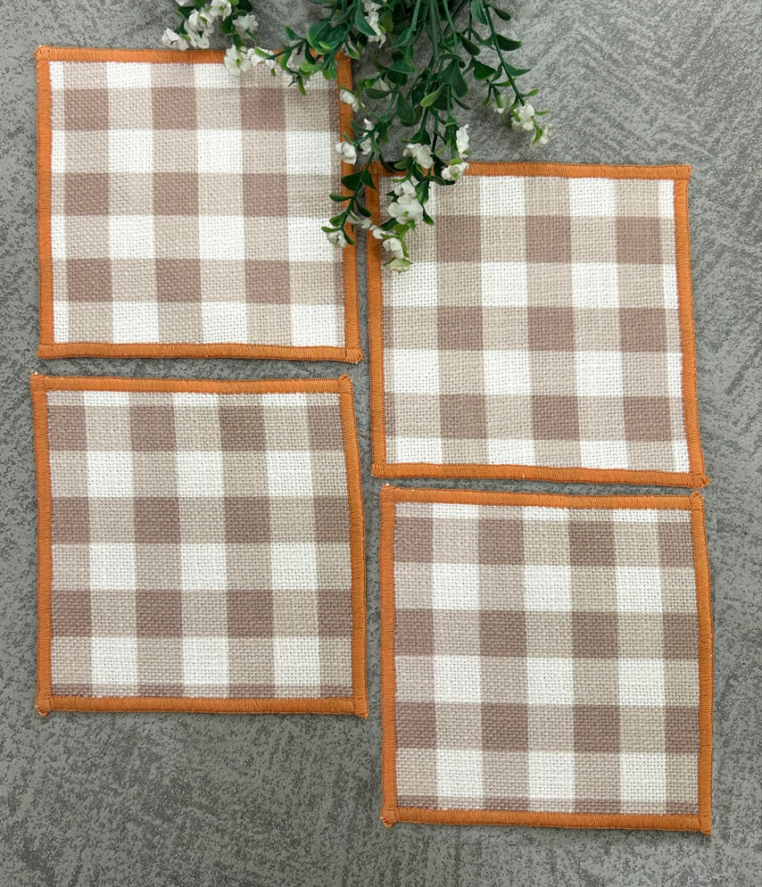 Chestnut Check Linen-Look Slub Coaster Set  Pack of 4 pieces