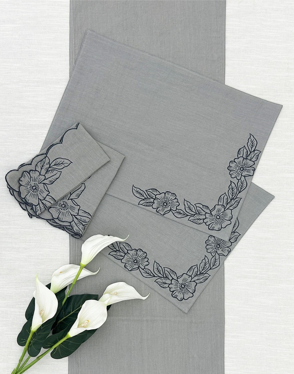 EcruE Luxury Embroidered Cotton Linen Table Linen Set
