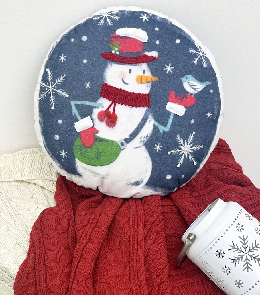 Round Snowman And Bird Decorative Pillow 16'' Round