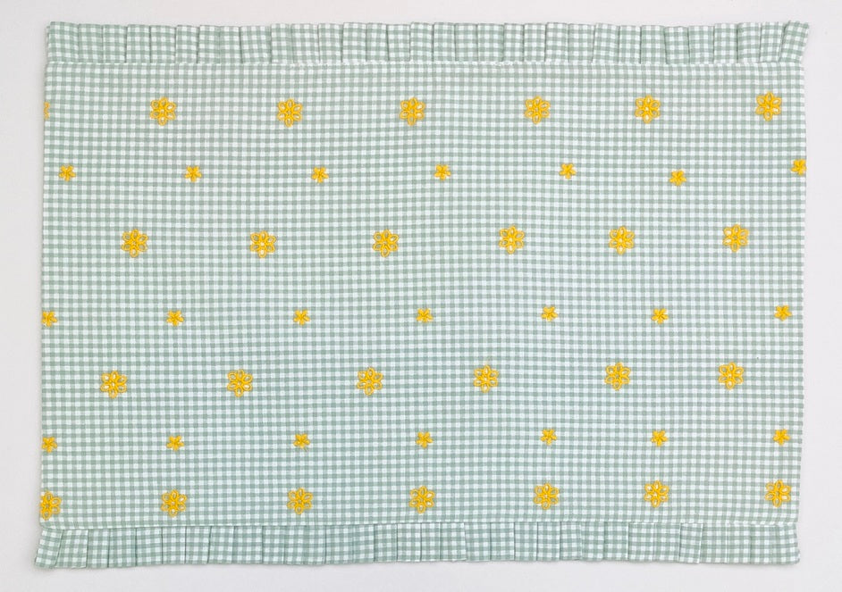 Fleur Golden Bloom Ruffled Embroidered Gingham Placemat Set  of  2Pcs
