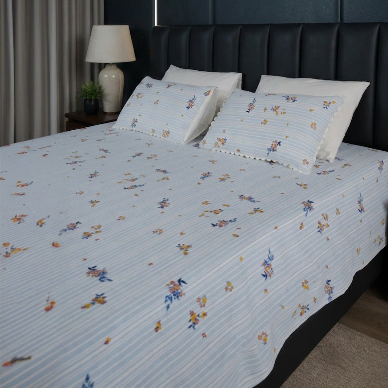 Premium Striped Floral Printed Cotton-Poly Bed Sheet Set