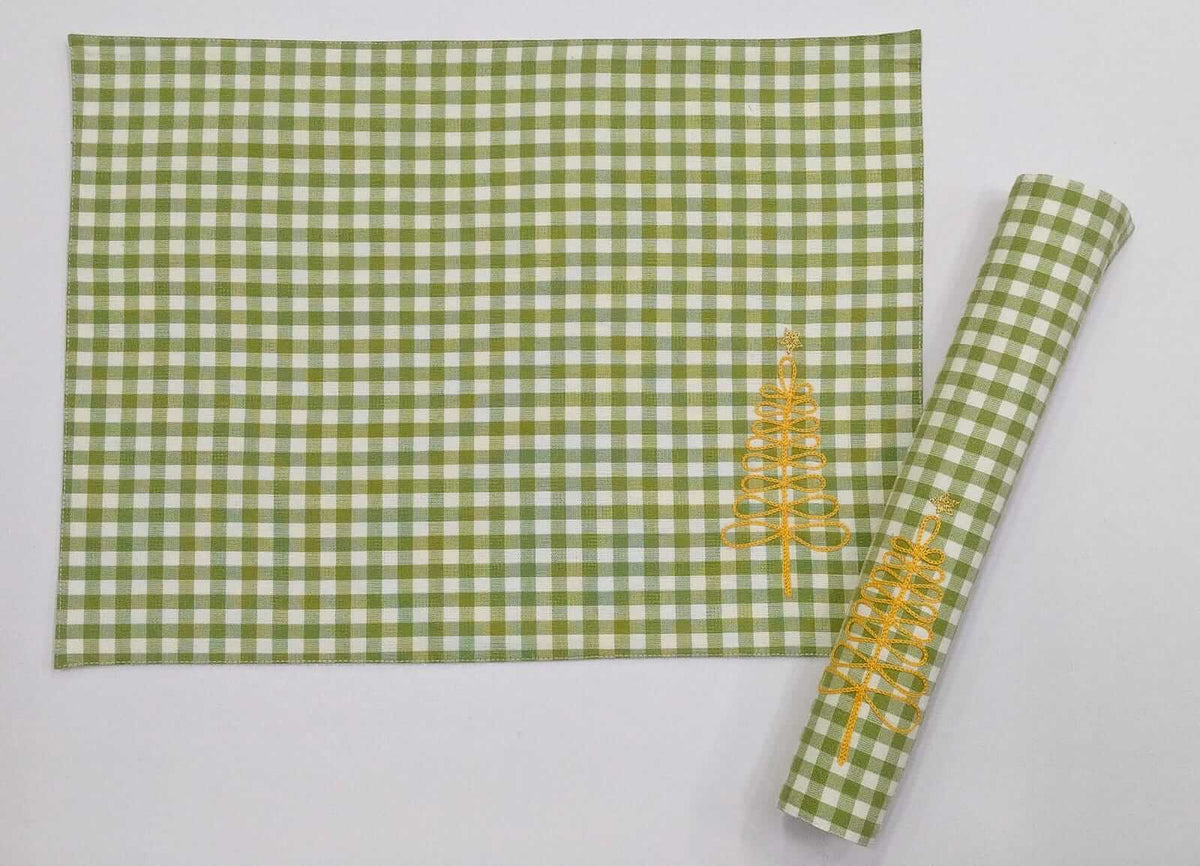 Festive Green Gingham Embroidered Placemat Set of 2pcs